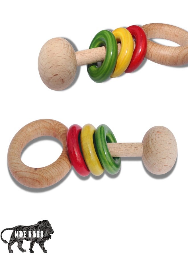 Gift Equals Love Wooden Hand Crafted Rattle for Kids, Babies, Infants, Non Toxic Finished Natural Beech & Ivory Wood- Multi Color Perfect Montessori Grasping Early Development Toy (3 Rings) - Image 1